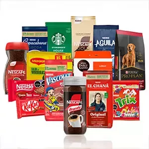 Collection of Nestlé product brands including Nescafé, KitKat, Maggi and Purina